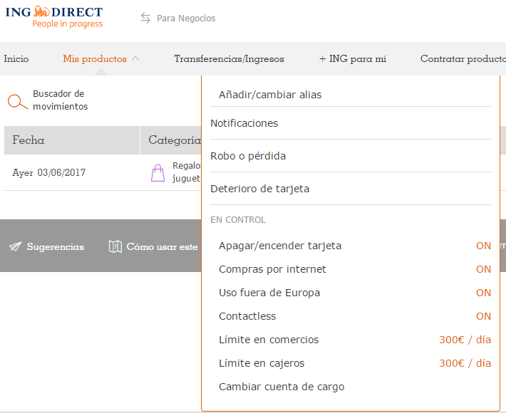 Administración de tarjeta de débito en ING Direct