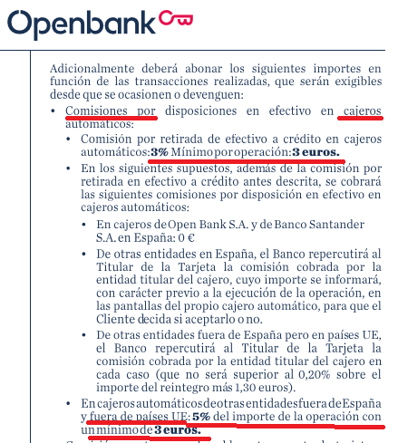 Comisiones Openbank tarjeta crédito cajeros